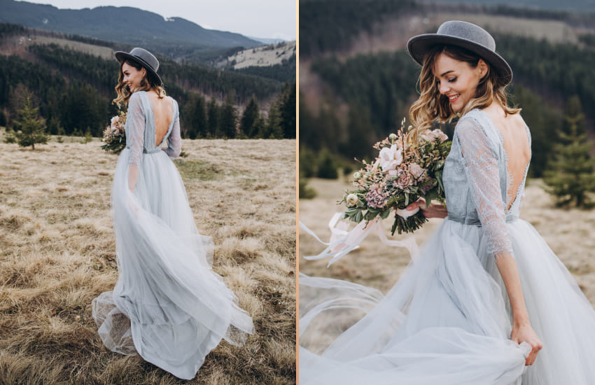 невеста, голубое свадебное платье, серая шляпа
