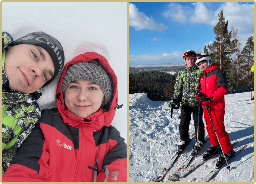 семейная пара, лыжи, зима