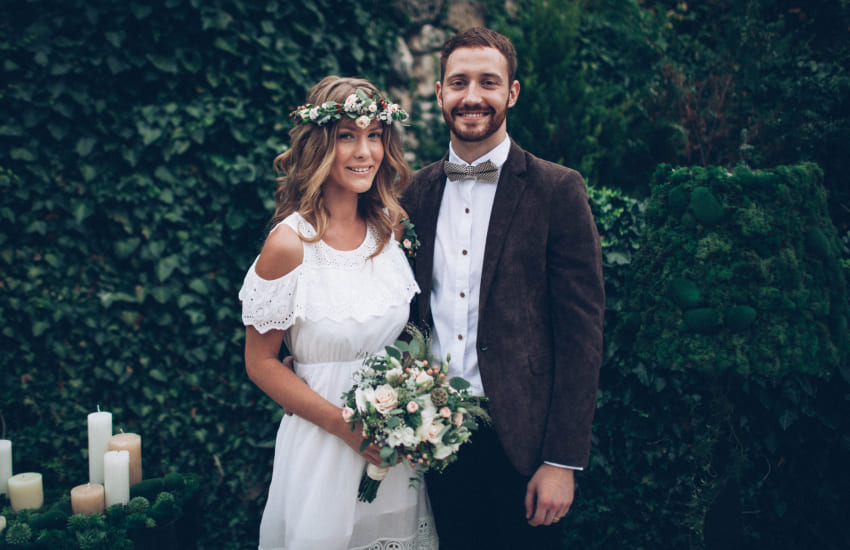 жених и невеста, ботаническая свадьба, венок на голове