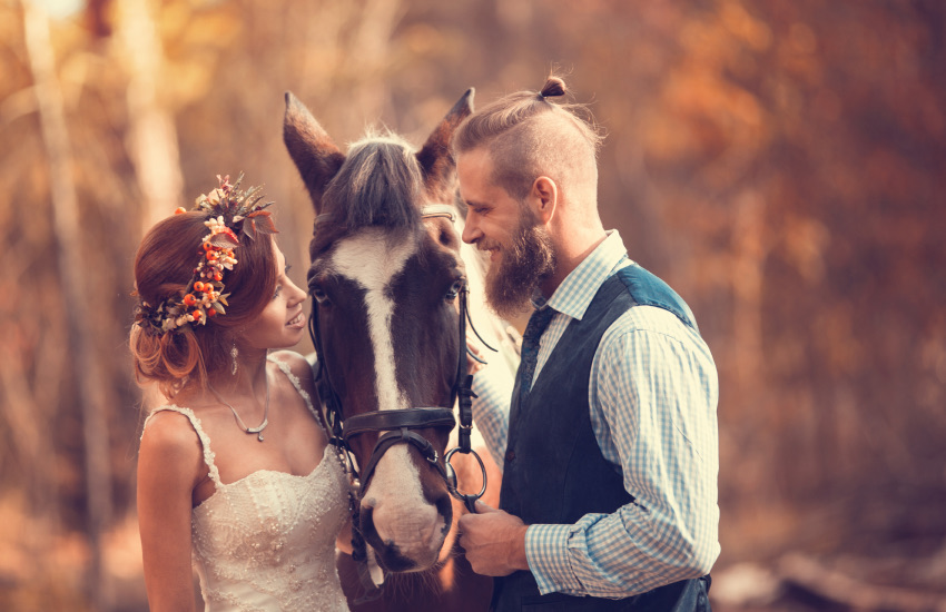 жених и невеста, свадьба, лошадь