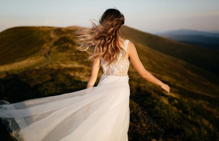 невеста, поле, белое платье