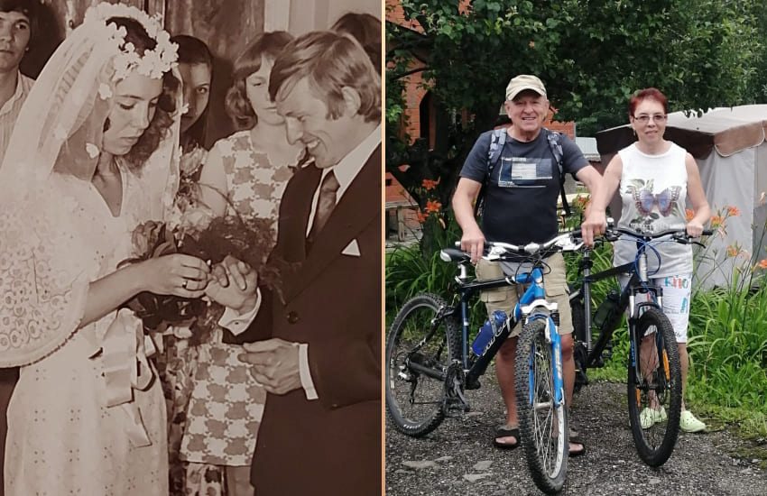 жених и невеста, семейная пара, велосипеды