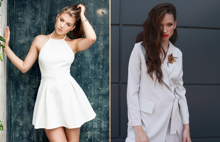 стильная девушка, летний образ, белое платье, белый костюм