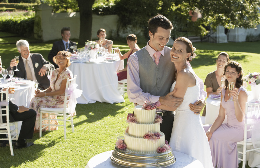 жених и невеста, торт, гости на свадьбе